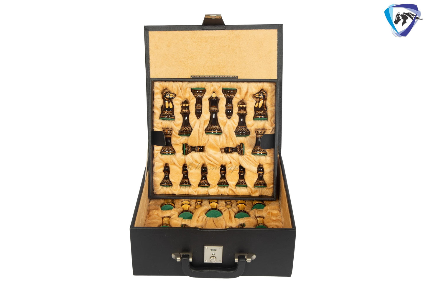 4" Staunton Chess Pieces set Burnt PARKER with Hand Carving broad base, Weighted + 19" Ebonywood chess board(sq 51mm) + Leather Storage Box