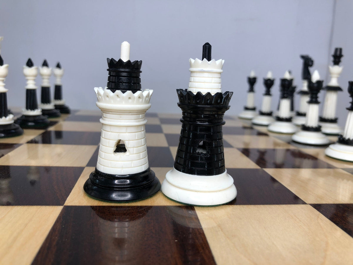 6" Camel bone chess pieces set Black & White Hand carved unique collector chess set- Intricate design with minute detailing.