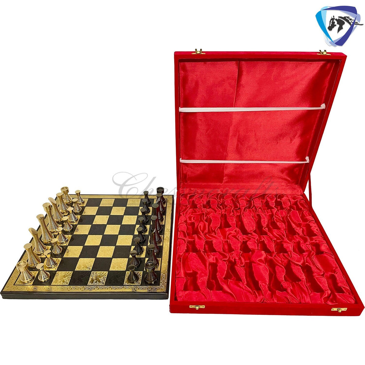 14" Solid Brass Metal Chess set- Slim Rings chess men Carved with velvet storage box - Vintage Collector antique set- Brass Chess board set.