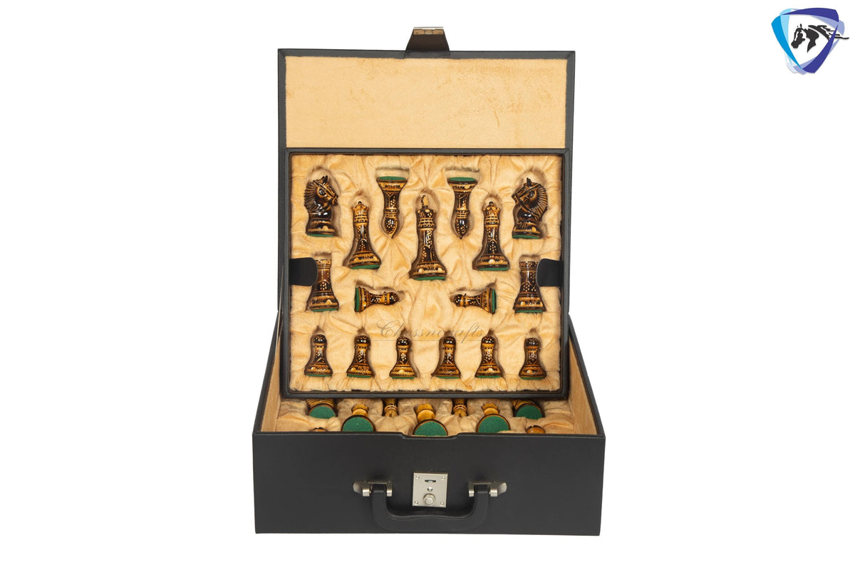 4.1" Staunton Chess pieces Set in Burnt Boxwood with carving-EXCALIBUR + 23" Ebony wood Chess Board(60MMSQ) + Leather Storage Box COMBO