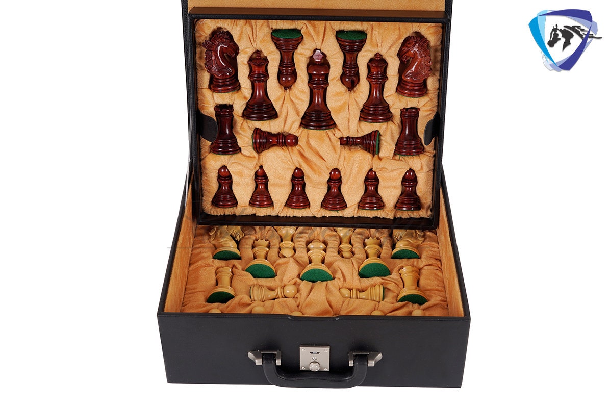 4.5" Luxury Staunton Chess Pieces Set in Bud Rose wood & Boxwood- WELLINGTON + 21" Bud Rosewood Chess Board + Leatherette Storage Box