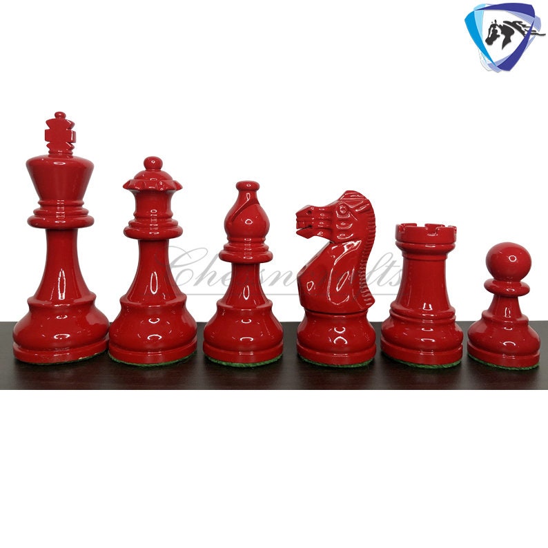 Classic Staunton Chess pieces Set Boxwood Painted Red & Black - King 3.75" Weighted 2 Extra Queens- Lacquered glossy polish.