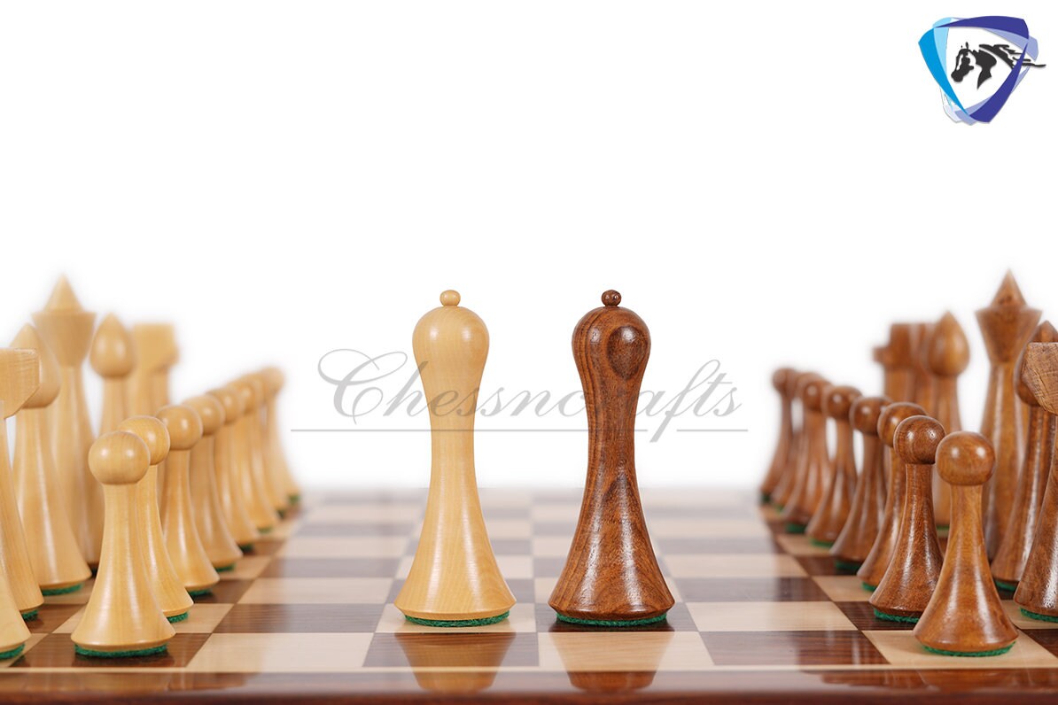 COMBO of Herman Ohme chess set w/ 16" Rosewood chess board - Minimalist Mid Century Chess coins King 3.75" Weighted Extra Queens.