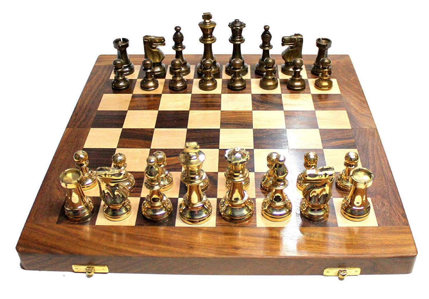 3.25" Brass Chess pieces set-Staunton Chess pieces-FRENCH LARDY in Gold & Antique polish with Wooden storage box - Extra Queens ( 4Q)