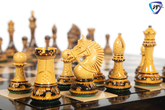 4.1" Staunton Chess pieces Set in Burnt Boxwood with carving-EXCALIBUR  + 23" Ebony wood Chess Board(60MMSQ) + Leather Storage Box COMBO