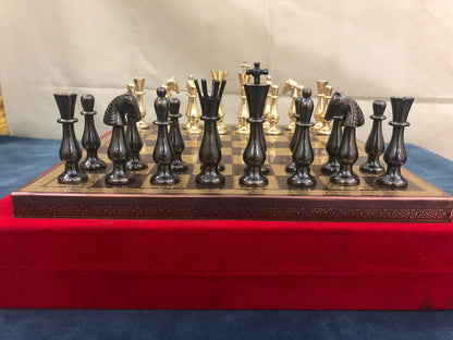 14" Brass Metal Chess Set with Brass chess Board and velvet storage box King 3.5" classical design gold & black glossy pieces.