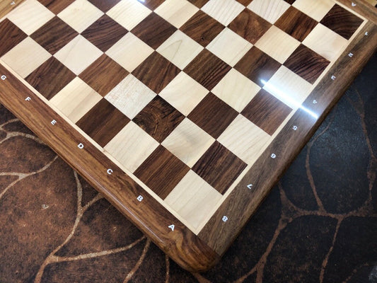 21" wooden(sheesham) flat chess board with Notations on borders Rounded corners Lacquered polish- Golden Rosewood & Maplewood.