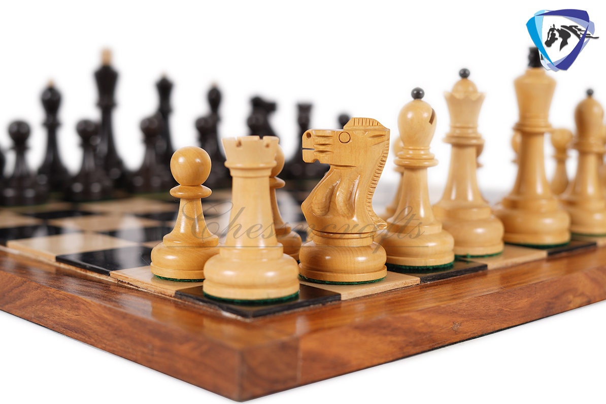 COMBO 3.75" Chess Pieces Set Soviet Grandmaster Supreme  Ebonised Boxwood + 16"(SQ:45mm) Ebonywood Chess Board - Chess Board Set