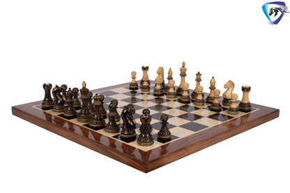 4" Fierce Knight Staunton Chess pieces Set in Burnt Boxwood with carving + 21" Ebony wood Chess Board + Leather Storage Box COMBO