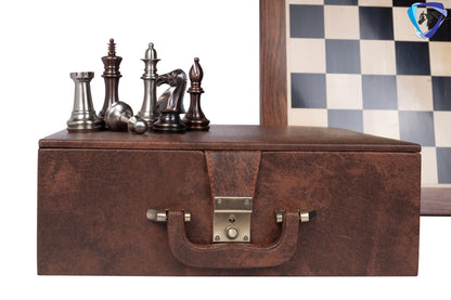 1849 Brass Staunton chess pieces set King: 4" MATTE STEEL-ANTIQUE finish+ 21" Ebony wood chess board(55mm) + Leather Storage box