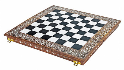 Combo of 16" INLAY ART WORK Wooden folding chess board and 4" Camel Bone Chess pieces Set Black & White