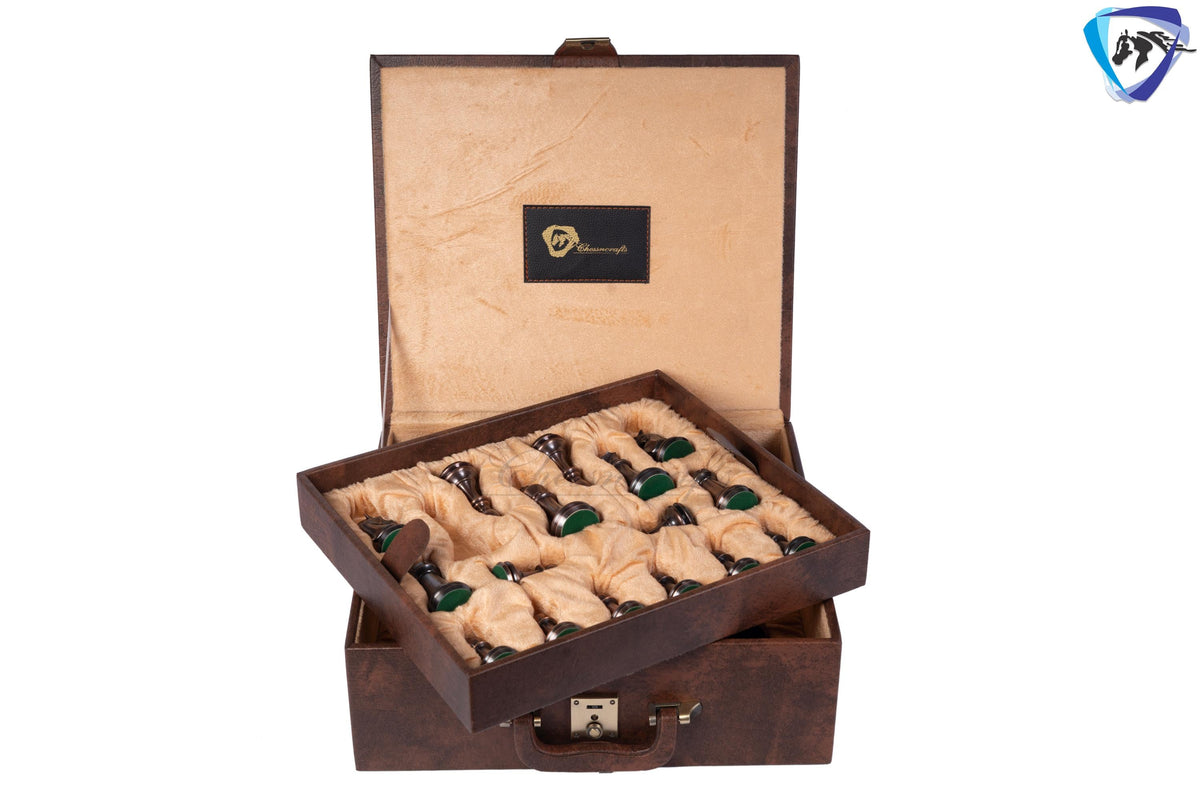 1849 Brass Staunton chess pieces set King: 4" MATTE STEEL-ANTIQUE finish+ 21" Ebony wood chess board(55mm) + Leather Storage box