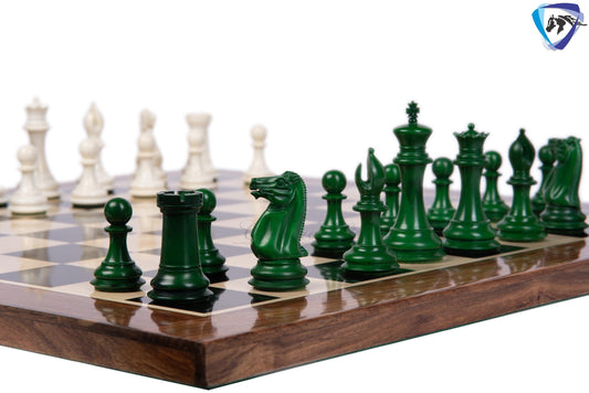 3.75" Camel Bone Staunton chess Pieces set- 1849 reproduced Cooke in Green-White + 21" Ebony wood chess board + Leather Storage Box
