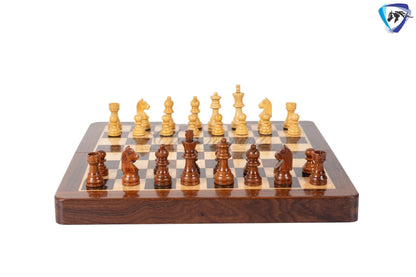 12" Foldable wooden chess board set - Magnetic chess pieces with extra queens - Rosewood Handmade travel chess with storage + cover