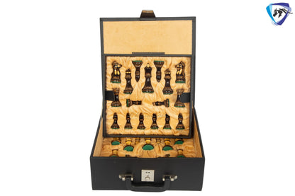 4" Staunton Chess Pieces set Burnt PARKER with Hand Carving broad base, Weighted + 19" Ebonywood chess board(sq 51mm) + Leather Storage Box
