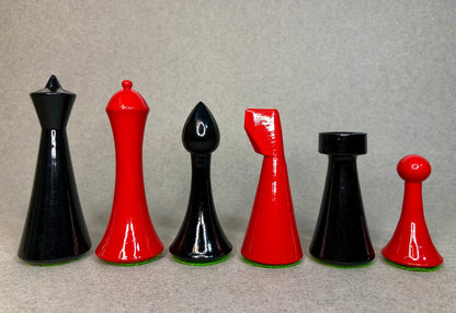 Reproduced Hermann Ohme Minimalist Modern Mid Century Chess Pieces in Red & Black Painted Boxwood-King 3.75"- Weighted chess coins