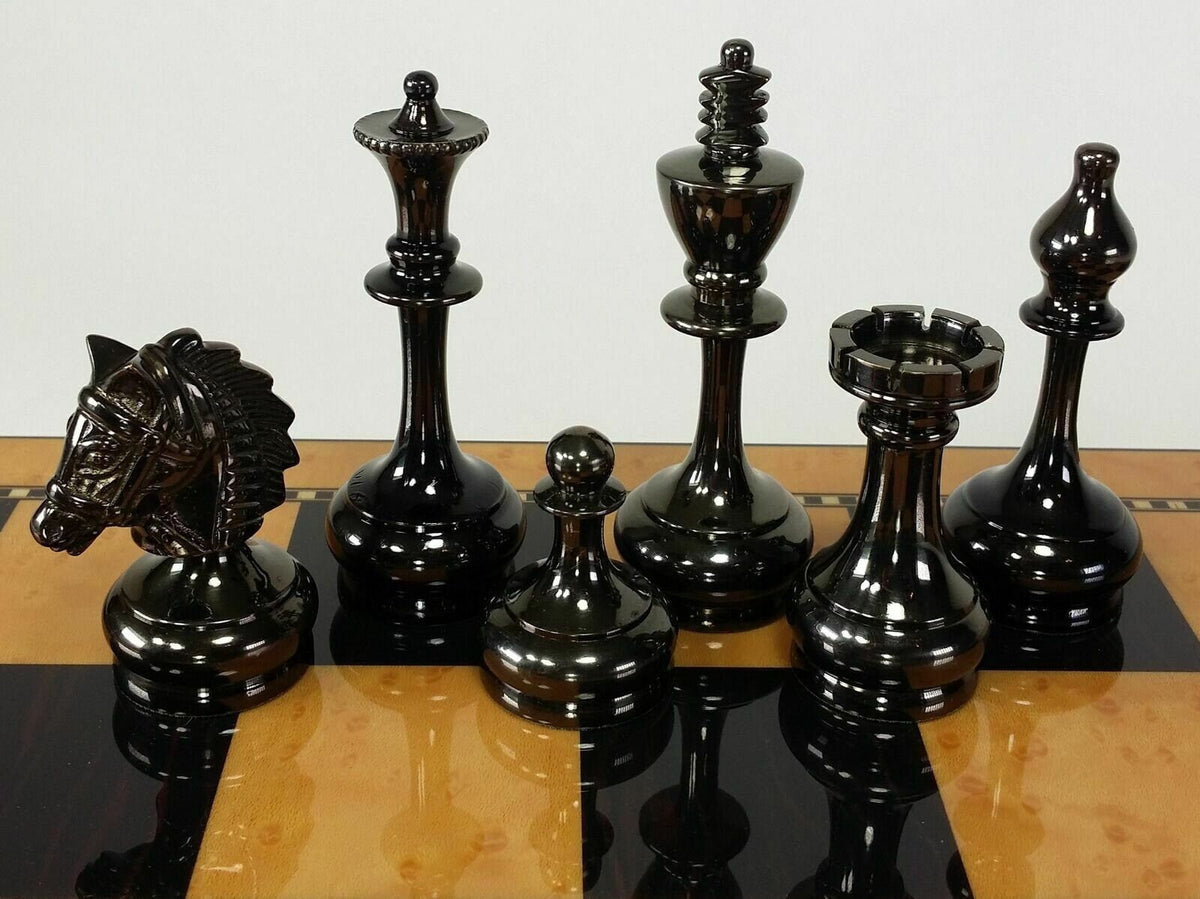 3.9" Brass Chess pieces set Bridled knight luxury Collector series Gold & Black Glossy finish Handmade brass chess set.