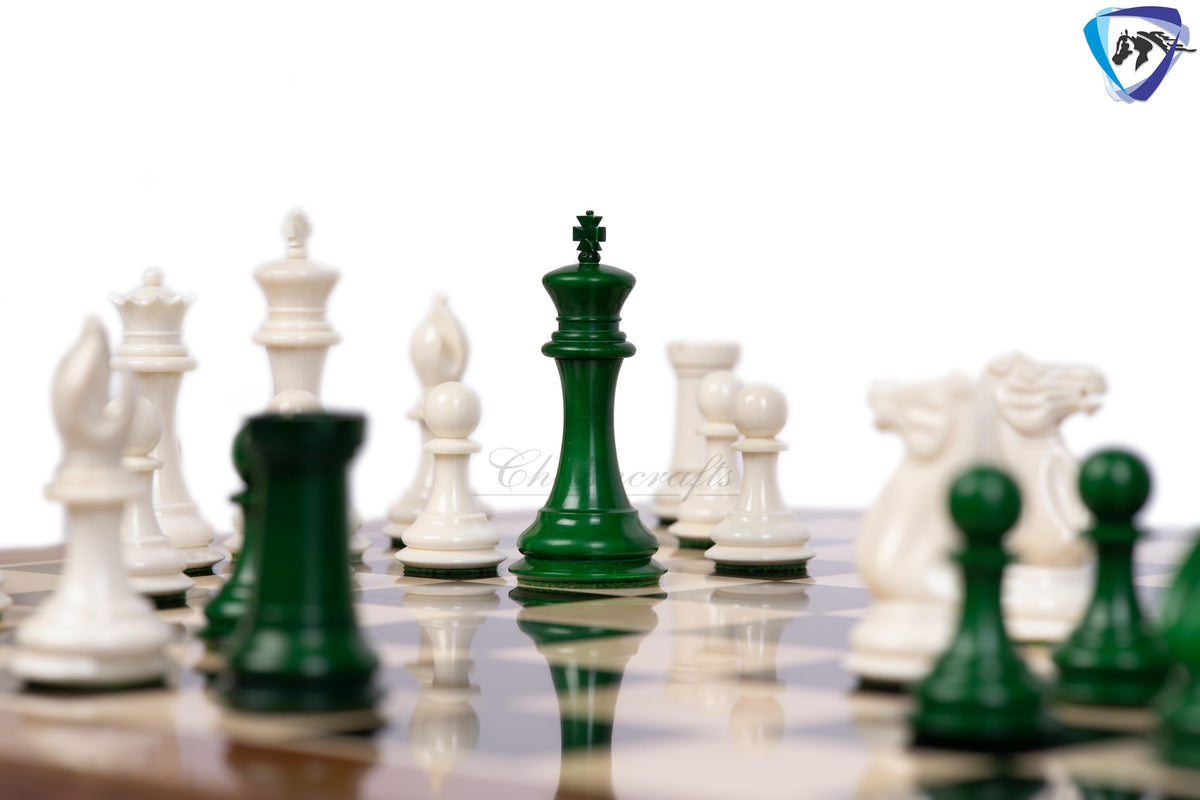 3.75" Camel Bone Staunton chess Pieces set- 1849 reproduced Cooke in Green-White + 21" Ebony wood chess board + Leather Storage Box