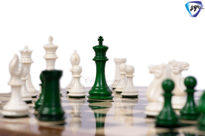 3.75" Camel Bone Staunton chess Pieces set- 1849 reproduced Cooke in Green-White + 21" Ebony wood chess board + Leather Storage Box