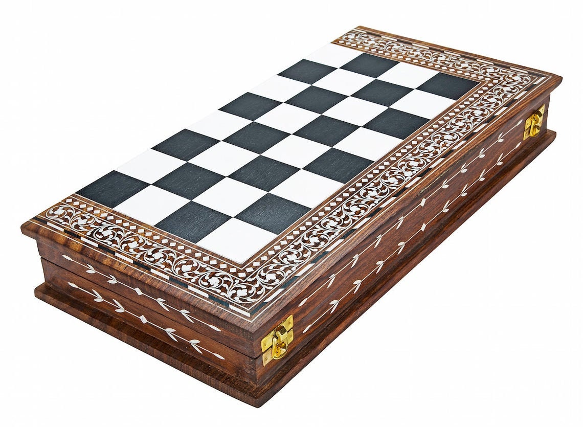 Combo of 16" INLAY ART WORK Wooden folding chess board and 4" Camel Bone Chess pieces Set Black & White