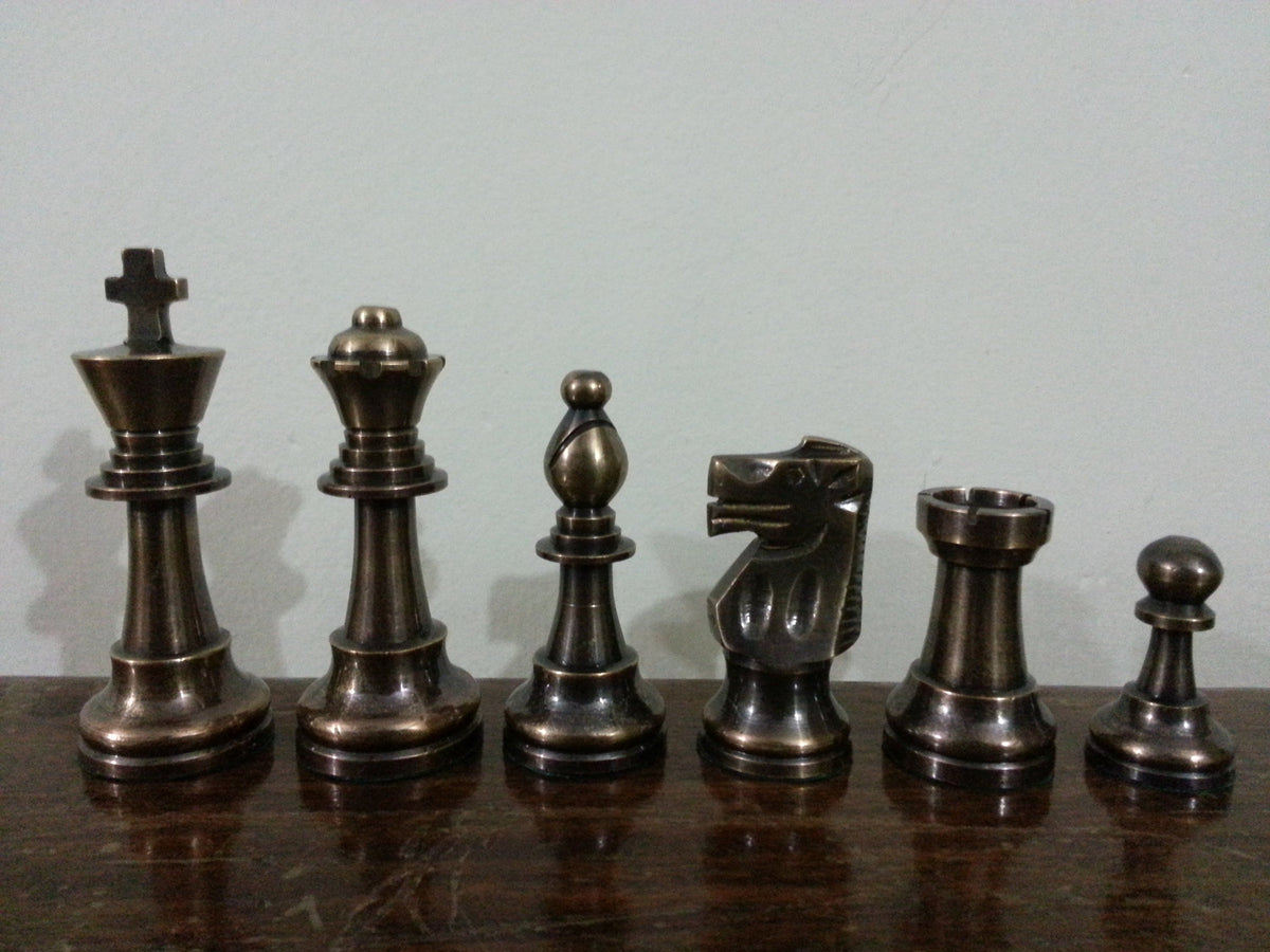 3.25" Brass Chess pieces set-Staunton Chess pieces-FRENCH LARDY in Gold & Antique polish  with Wooden storage box - Extra Queens ( 4Q)