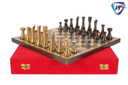 14" Solid Brass Metal Chess set- Slim Rings chess men Carved with velvet storage box - Vintage Collector antique set- Brass Chess board set.