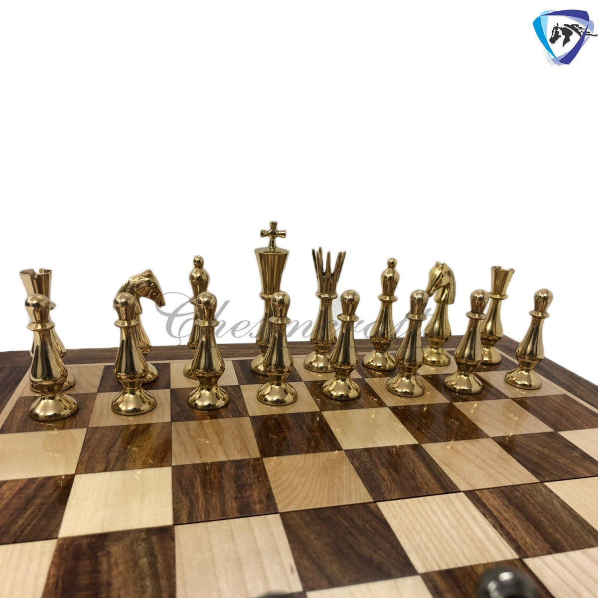 Brass Metal chess set with wooden chess board folding with storage- King 3.5" classical design gold & black glossy pieces.