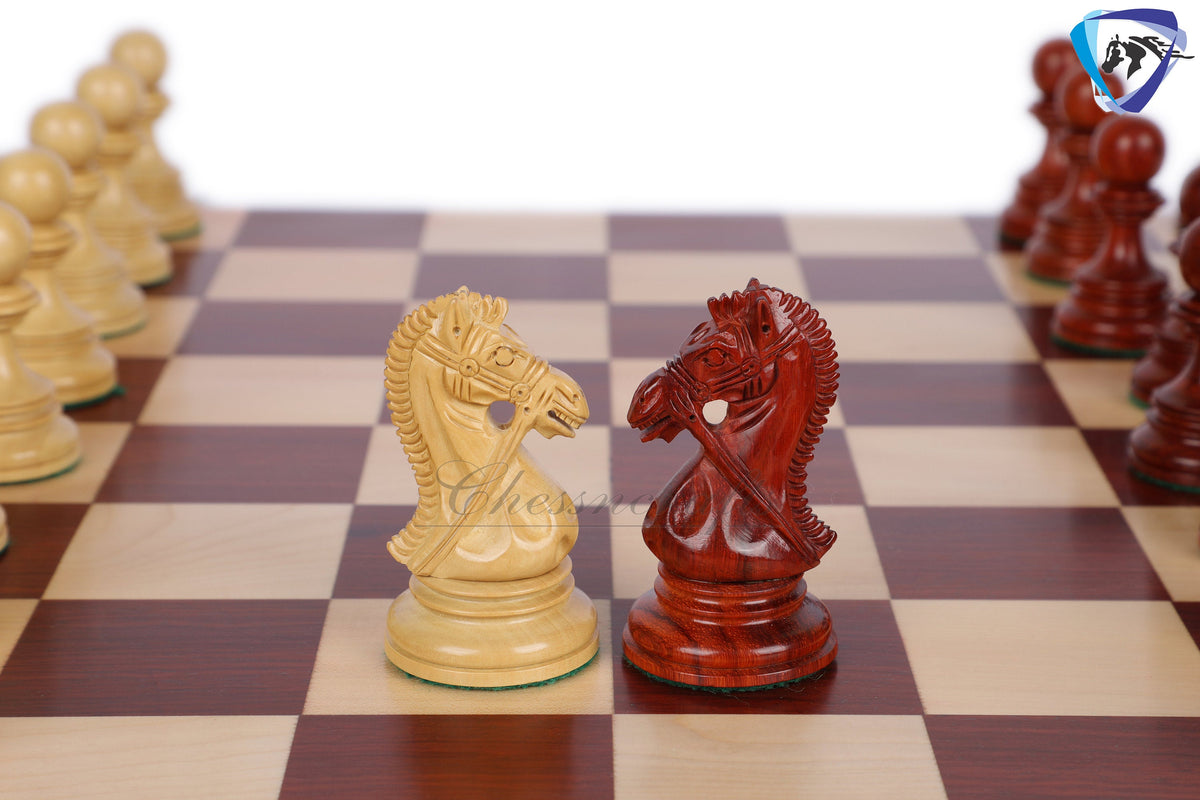 Wooden Staunton Chess Set-King: 4.5" Bud Rose wood -BRIDLED  + 21" Bud Rose wood Chess board STEP BORDER with Storage Box.
