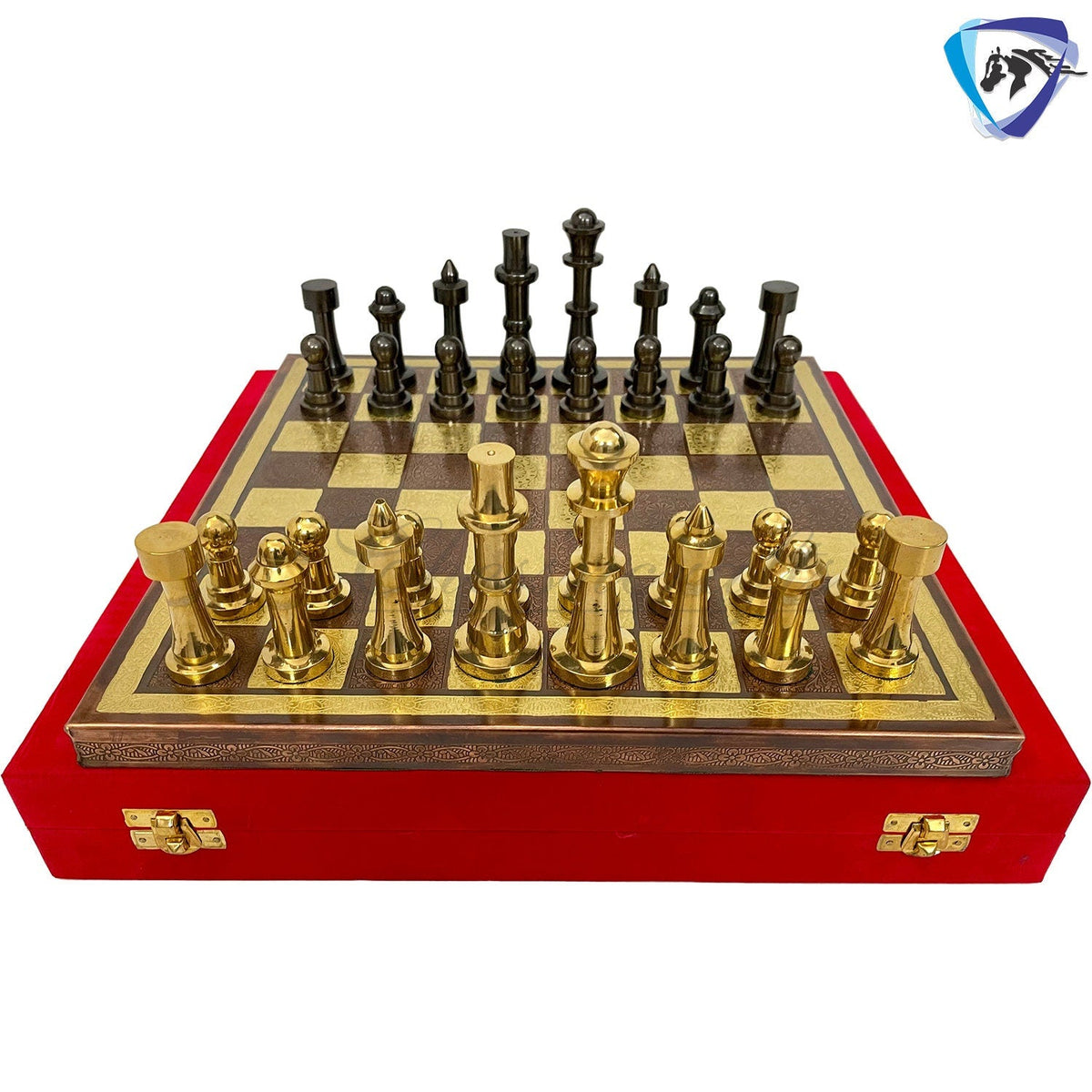 14" Brass Chess set- THE BULLET SERIES chess men Carved with velvet storage box - Vintage antique set- Brass Chess board set | Gift for him.