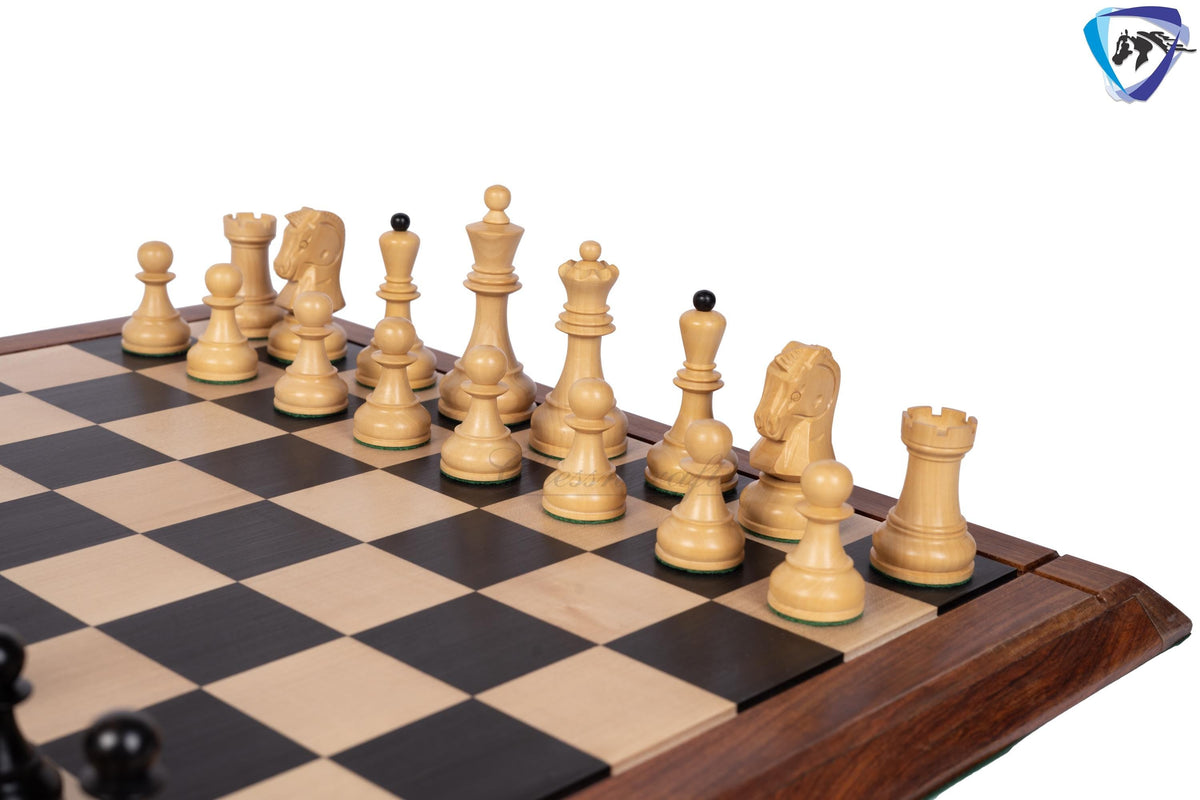 1950 Fischer Dubrovnik Ebonized boxwood chess pieces set King-3.8" + 21" Ebonywood chess board(SQ:55MM) + Leather Storage box-Luxury