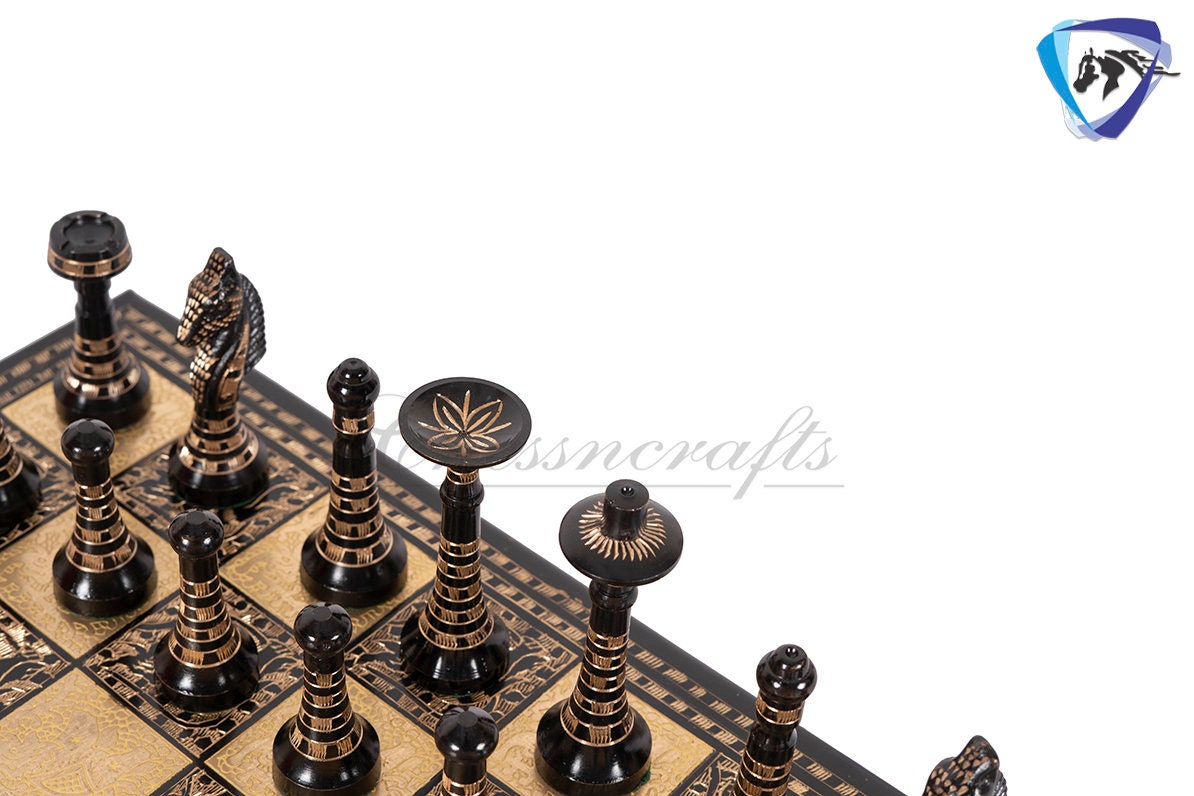 14" Solid Brass Metal Classic HUNGARIAN Hand carved Chess set- BLACK-GOLD Slim chess men Carving with velvet storage box Chess board set.
