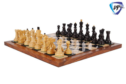 COMBO 3.75" Chess Pieces Set Soviet Grandmaster Supreme  Ebonised Boxwood + 16"(SQ:45mm) Ebonywood Chess Board - Chess Board Set