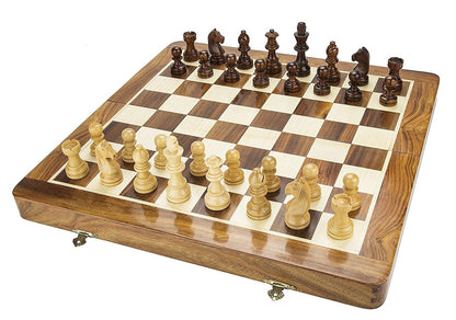 14" Folding Wooden Magnetic Travel chess board game set with staunton chess pieces Sheeshamwood