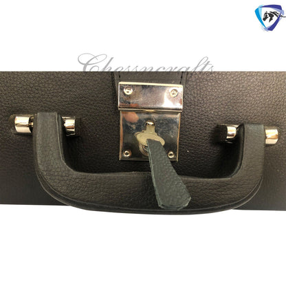 Leatherette Coffer Storage box for Chess Pieces of king Height: 4.0" to 4.5"- 2 Trays, Velvet lining & Lock w/ handle.