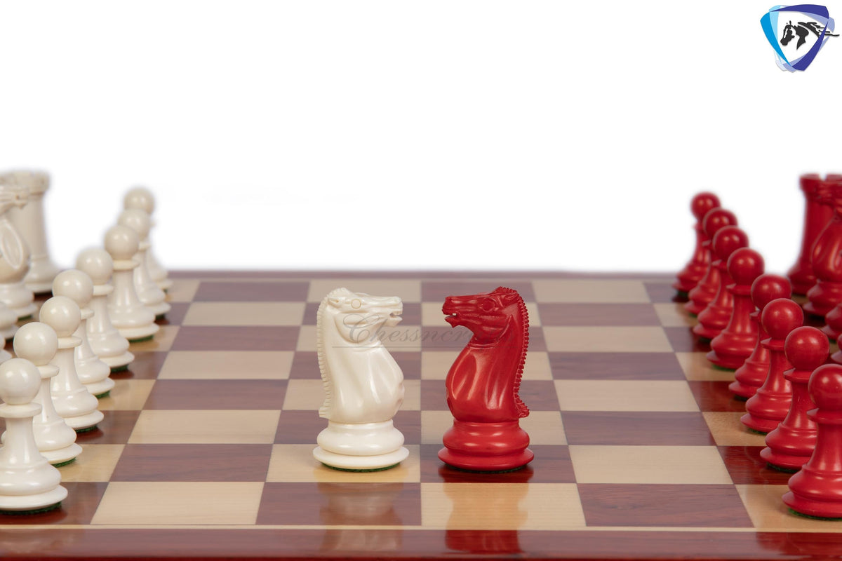 3.75" Camel Bone Staunton chess Pieces set- 1849 reproduced Cooke in Red & white color + 21" Bud rosewood chess board + Leather Storage Box