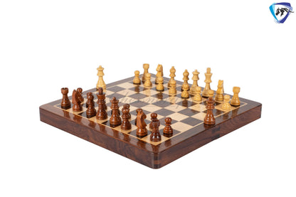12" Foldable wooden chess board set - Magnetic chess pieces with extra queens - Rosewood Handmade travel chess with storage + cover
