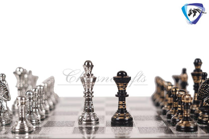 12" Brass Chess Board  set- & Staunton Hand carved chess men with hand carved chess board in velvet storage box
