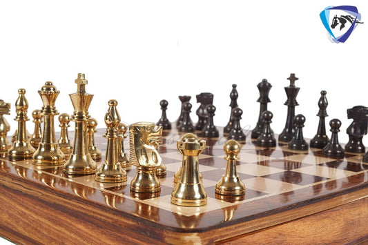 16" Brass Chess Board Set INTERNATIONAL Chess Pieces Black-gold and Rosewood Chess board with Storage drawer | Chess Gift /CHRISTMAS