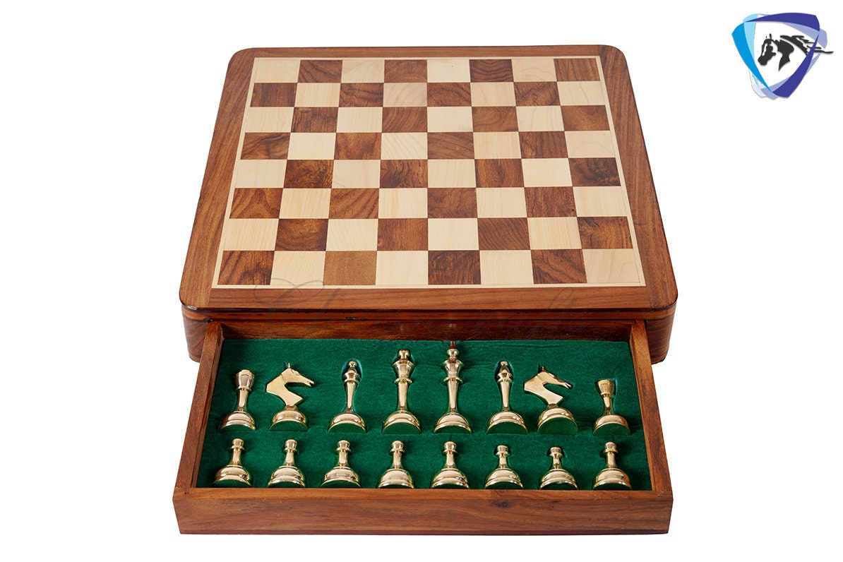 16" Brass Chess Board Set MODERN CLASSIC Chess Pieces Black-gold and Rosewood  Chess board with Storage drawer- Chess Gift- Gift for Him