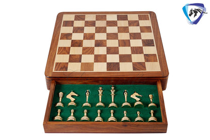 16" Brass Chess Board Set MODERN CLASSIC Chess Pieces Black-gold and Rosewood  Chess board with Storage drawer- Chess Gift- Gift for Him