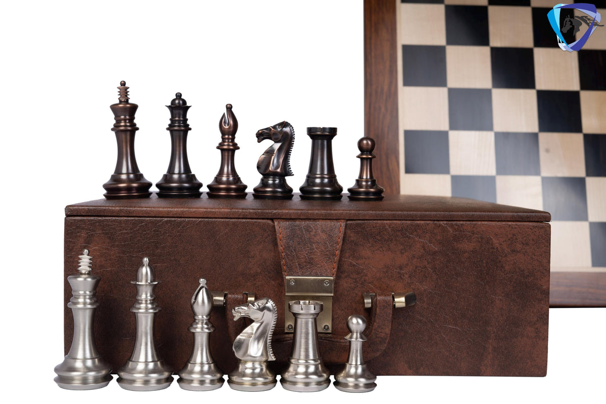 1849 Brass Staunton chess pieces set King: 4" MATTE STEEL-ANTIQUE finish+ 21" Ebony wood chess board(55mm) + Leather Storage box