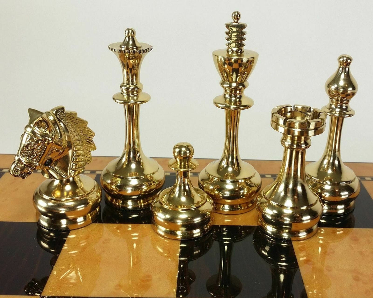 3.9" Brass Chess pieces set Bridled knight luxury Collector series Gold & Black Glossy finish Handmade brass chess set.