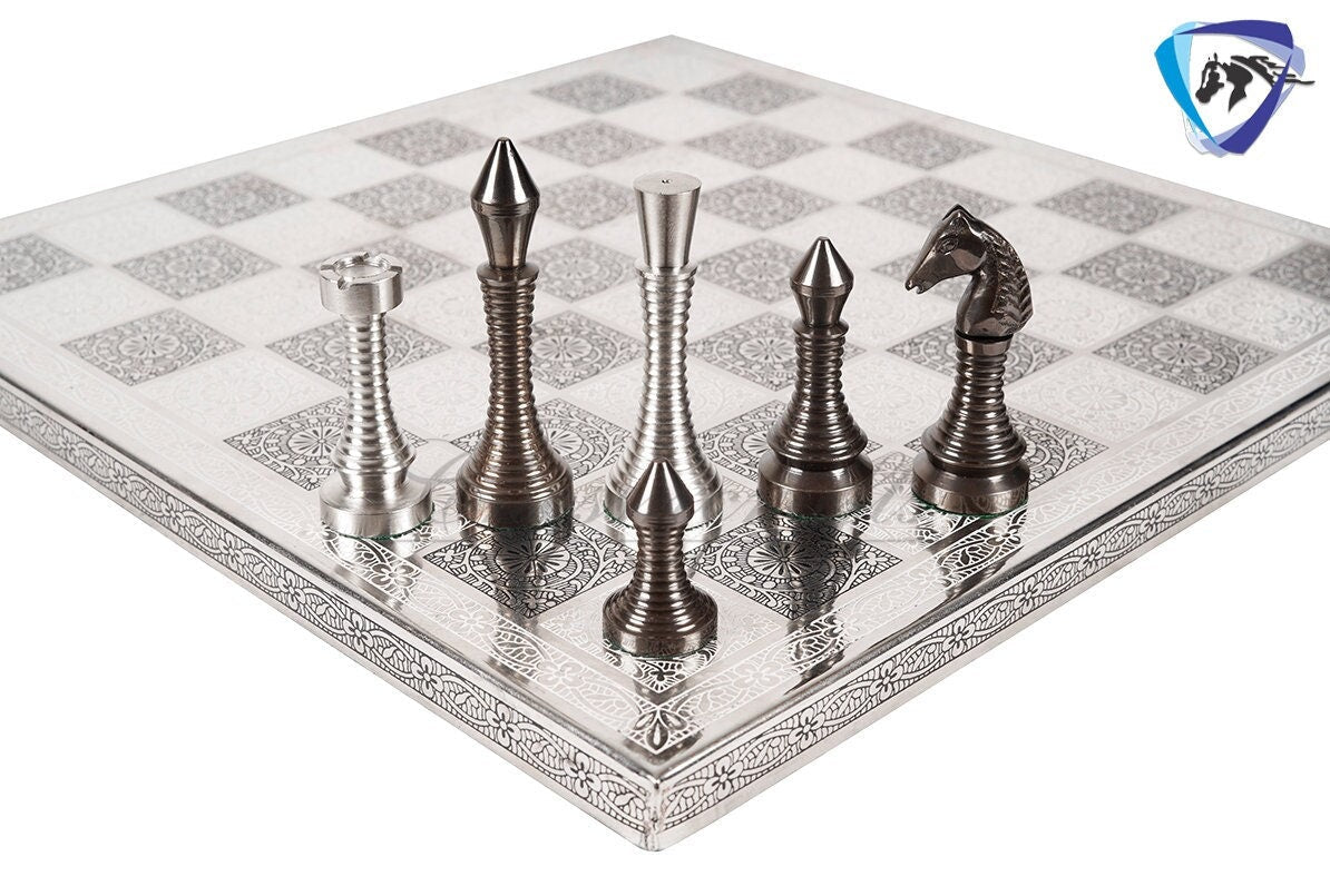14" Solid Brass Metal CLASSICAL MEENAKARI Hand carved Chess set- Slim chess men Carving with velvet storage box - Brass chess board set