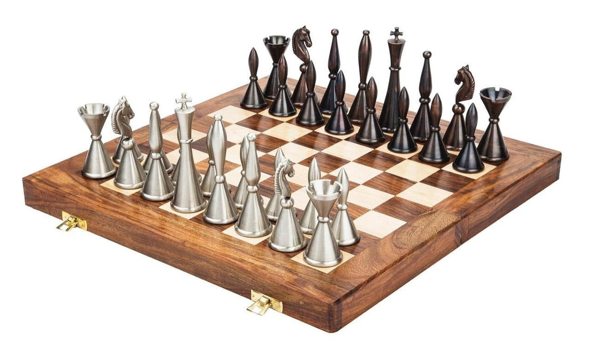 Solid Brass Chess pieces set French Silver copper King: 4.25" & Rose wood folding chess board-16" x 16" with chess pieces storage.