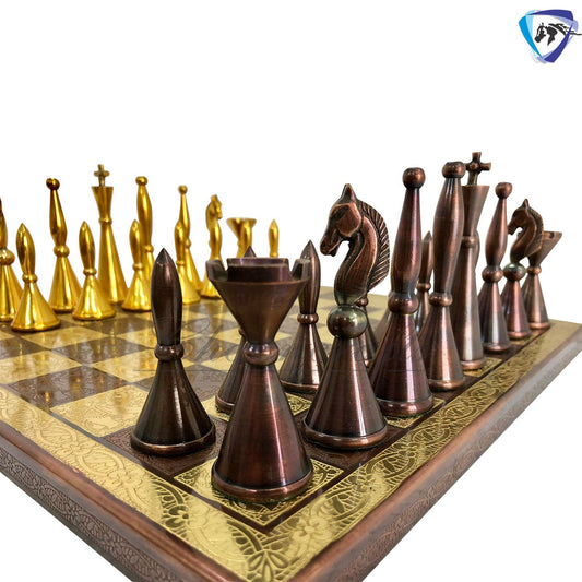 12" Brass Chess Board set- ART DECO TOWER Chess men with Hand Carved chess board + velvet storage box - Gift for Him- Chess Gift