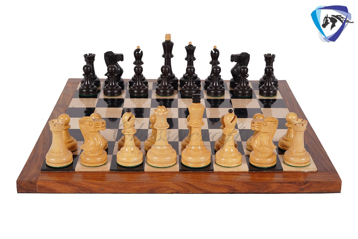 COMBO 3.75" Chess Pieces Set Soviet Grandmaster Supreme  Ebonised Boxwood + 16"(SQ:45mm) Ebonywood Chess Board - Chess Board Set
