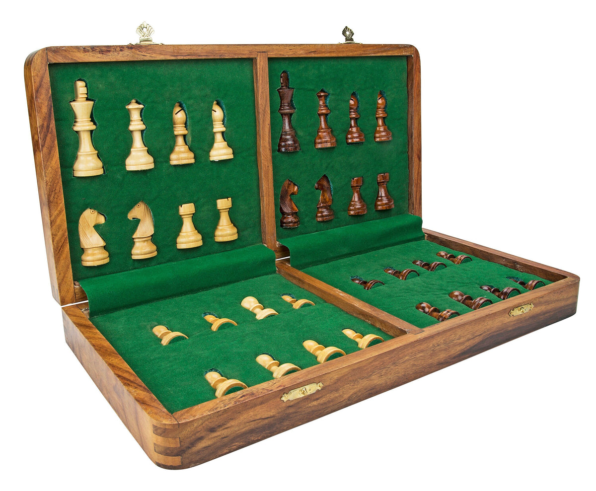 16" Folding Wooden Magnetic Travel chess board game set with Staunton chess pieces Sheeshamwood /Golden Rosewood