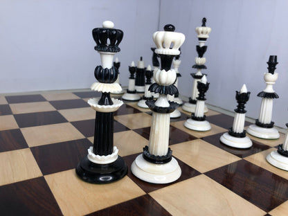 COMBO 6" Camel bone chess set hand carved unique collector vintage chess pieces- LUXURY FLOWER Chess Pieces Set + 21" Maplewood Chess Board.