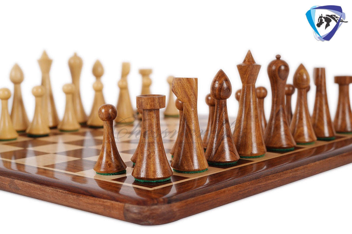 COMBO of Herman Ohme chess set w/ 16" Rosewood chess board - Minimalist Mid Century Chess coins King 3.75" Weighted Extra Queens.