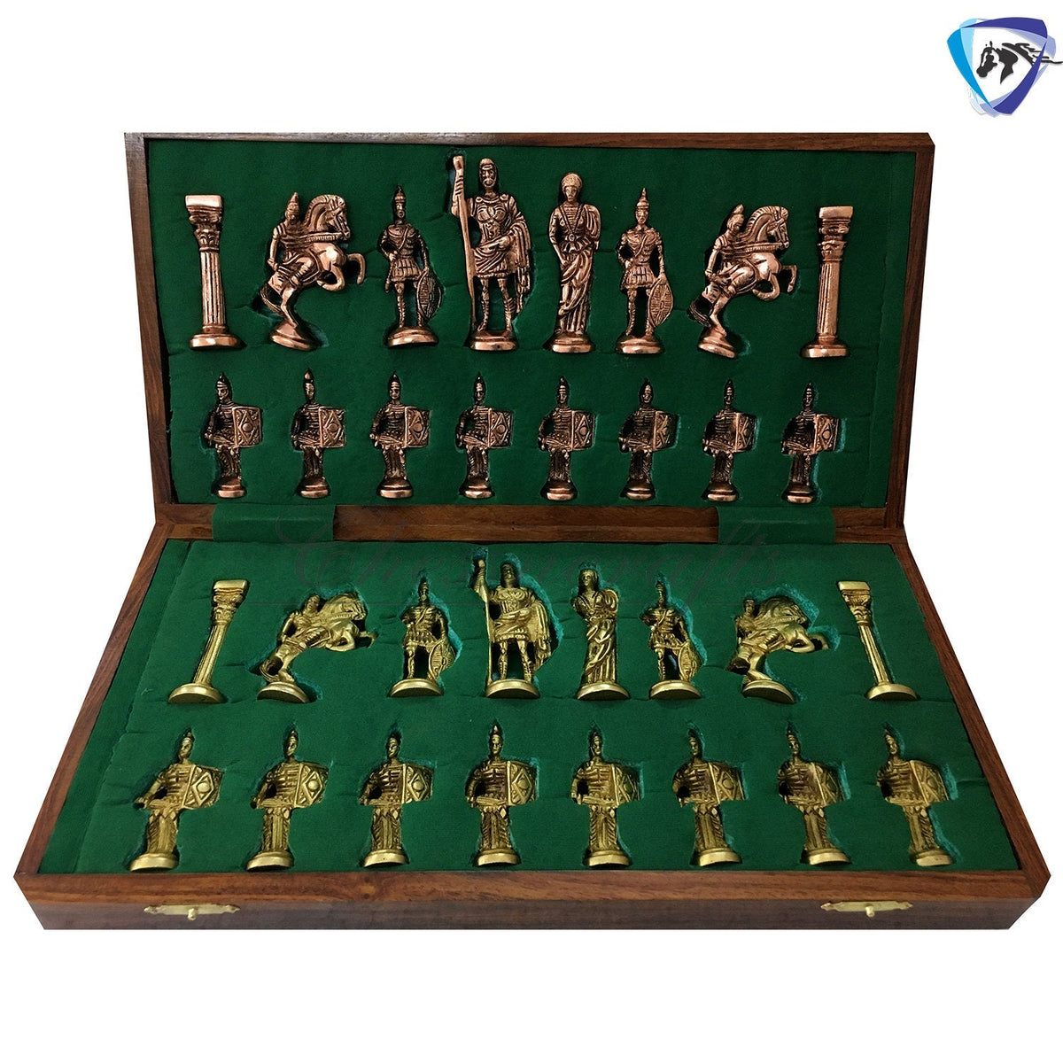 Folding Brass Roman chess figures & rosewood chess board set with storage of chess men.